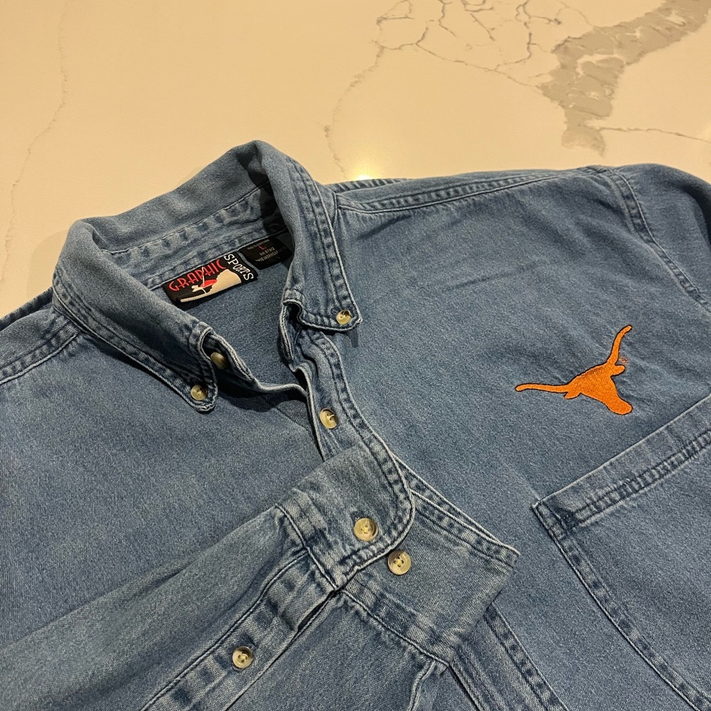 Texas Longhorns Denim Shirt Men’s Lrg Graphic Sports Button Down VTG Y2K 90’s